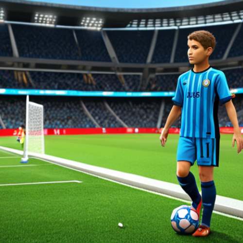 **

A futuristic AI scouting interface displaying a young, promising soccer player. Overlays show data like pass accuracy, interception rate, and potential growth projections. The background features a stylized soccer stadium. Keywords: FC Online, AI scouting, data analysis, soccer prodigy, digital interface, stadium.

**