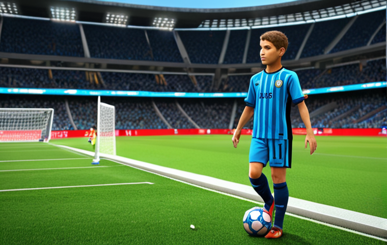 **

A futuristic AI scouting interface displaying a young, promising soccer player. Overlays show data like pass accuracy, interception rate, and potential growth projections. The background features a stylized soccer stadium. Keywords: FC Online, AI scouting, data analysis, soccer prodigy, digital interface, stadium.

**