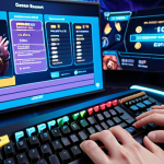 A dynamic, close-up shot of a gamer's hands on a keyboard and mouse, surrounded by floating holographic interfaces displaying various FC Online event details. One screen prominently shows a discovered "hidden event" with high-value player packs and glowing coins. The background is a blur of game environments, emphasizing the act of smart information gathering and the immediate, tangible rewards discovered. The mood is one of exciting discovery and strategic gain.