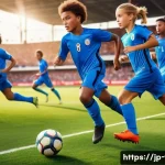 FC온라인 팀 가치 상승법 - A dynamic soccer team scene on a bright stadium field during a match, focusing on a speed-focused wi...