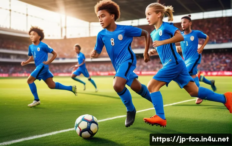 FC온라인 팀 가치 상승법 - A dynamic soccer team scene on a bright stadium field during a match, focusing on a speed-focused wi...