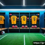 FC온라인 BP 효율적 사용법 - A detailed scene of a professional soccer team strategy meeting in a modern locker room, featuring d...