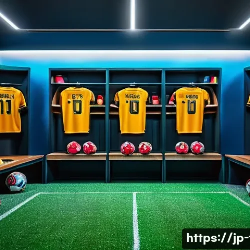 FC온라인 BP 효율적 사용법 - A detailed scene of a professional soccer team strategy meeting in a modern locker room, featuring d...
