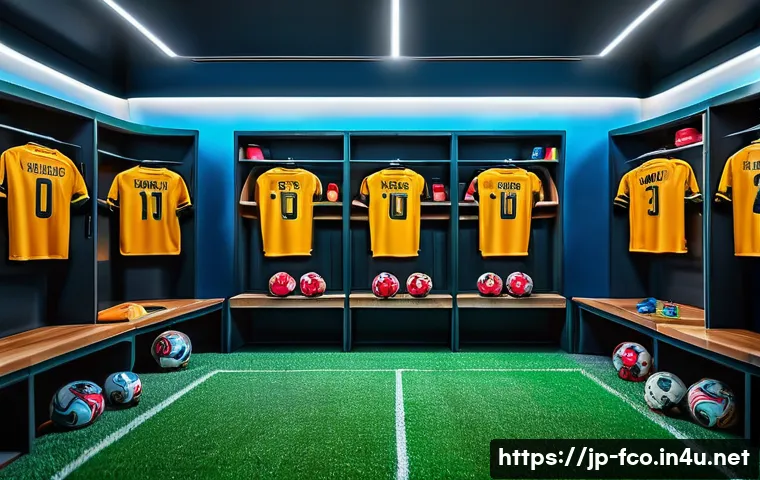 FC온라인 BP 효율적 사용법 - A detailed scene of a professional soccer team strategy meeting in a modern locker room, featuring d...