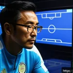 FC온라인 커스텀 전술 저장 - A detailed digital illustration of a professional soccer coach in a modern tactical room, surrounded...