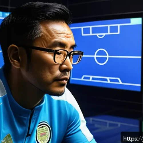FC온라인 커스텀 전술 저장 - A detailed digital illustration of a professional soccer coach in a modern tactical room, surrounded...