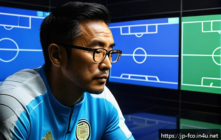 FC온라인 커스텀 전술 저장 - A detailed digital illustration of a professional soccer coach in a modern tactical room, surrounded...