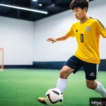 FC온라인 스킬 트레이닝 - A focused young Japanese male soccer player practicing basic ball control skills in a modern indoor ...