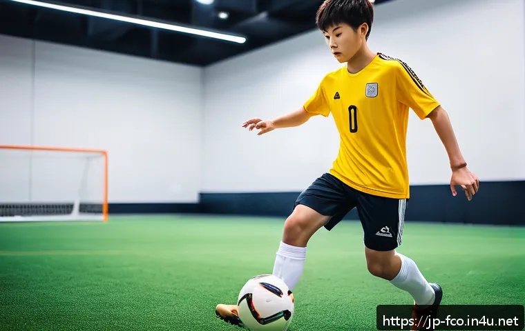 FC온라인 스킬 트레이닝 - A focused young Japanese male soccer player practicing basic ball control skills in a modern indoor ...