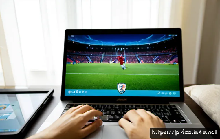 FC온라인 공식 홈페이지 이용법 - Photorealistic over-the-shoulder view of a Japanese young adult using a laptop to navigate a generic...