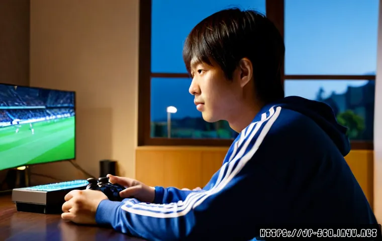 FC온라인 초보자 주의사항 - Photorealistic young Japanese adult beginner carefully playing a generic online football video game ...